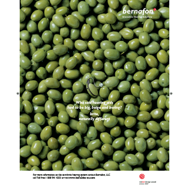 Bernafon hearing aids poster ad showing green hearing aid among green olives with text: who said hearing aids had to be big, beige and boring?