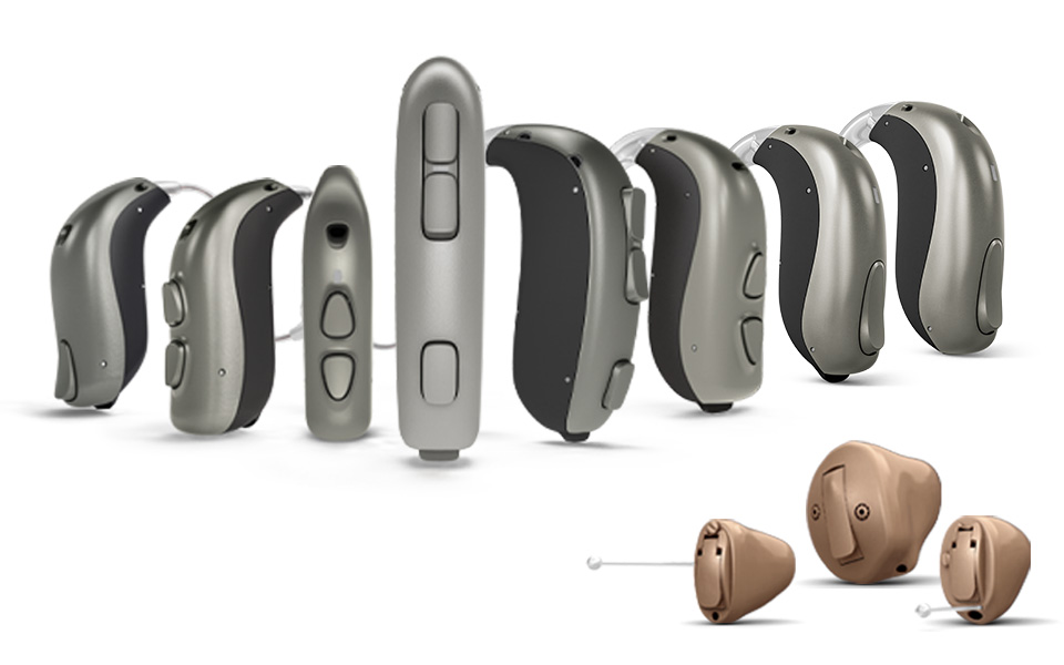 Bernafon hearing aid family lined up on white background