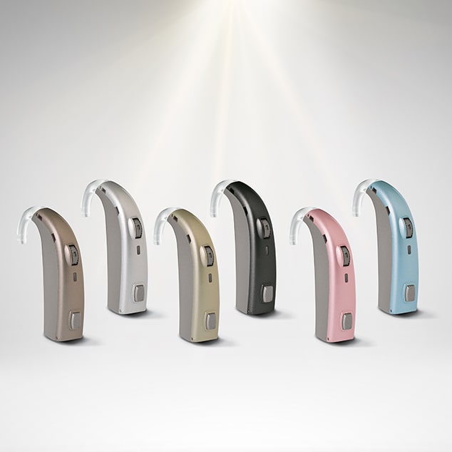 Photo of the Supremia hearing aid family for severe to profound hearing loss in 6 different colors