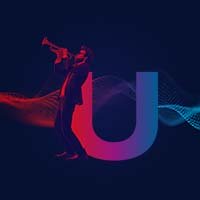 Red/blue image of man playing trumpet next to the letter U and with a Bernafon Alpha Music Experience sound wave in the back