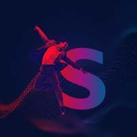 Red/blue image of man dancing next to the letter S and with a Bernafon Alpha Music Experience sound wave in the back