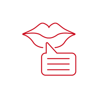 Red Bernafon speech icon with lips and speech bubble on white background