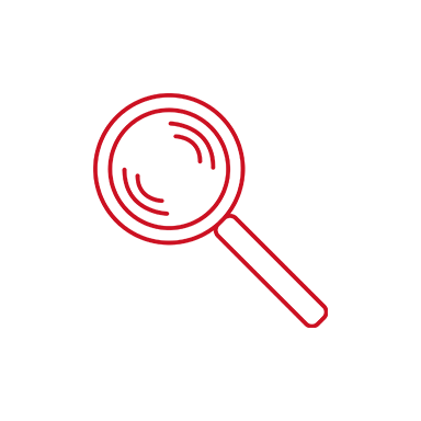 Red Bernafon magnifying glass icon on white background