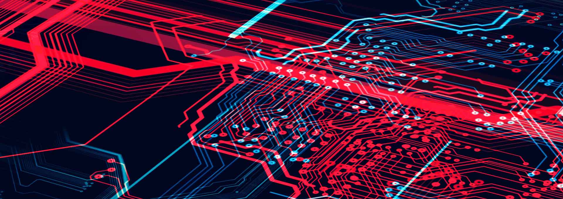 Dark blue and red technology background with circuit board, code, strong red and blue line. A 3D illustration.