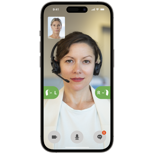 iPhone 14 with Bernafon App screen showing a female hearing care professional doing Remote Fitting with hearing aid user 