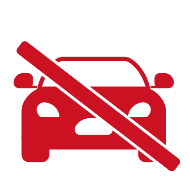 Red illustration of a car with a heavy diagonal line on top shows benefits of not traveling to hearing care professionals, but having online fitting sessions